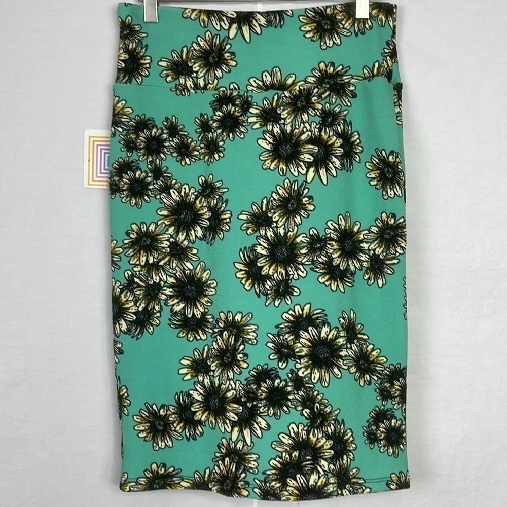 NWT Lularoe Cassie Aqua Sunflower Crepe Stretch Pencil Skirt Size Small